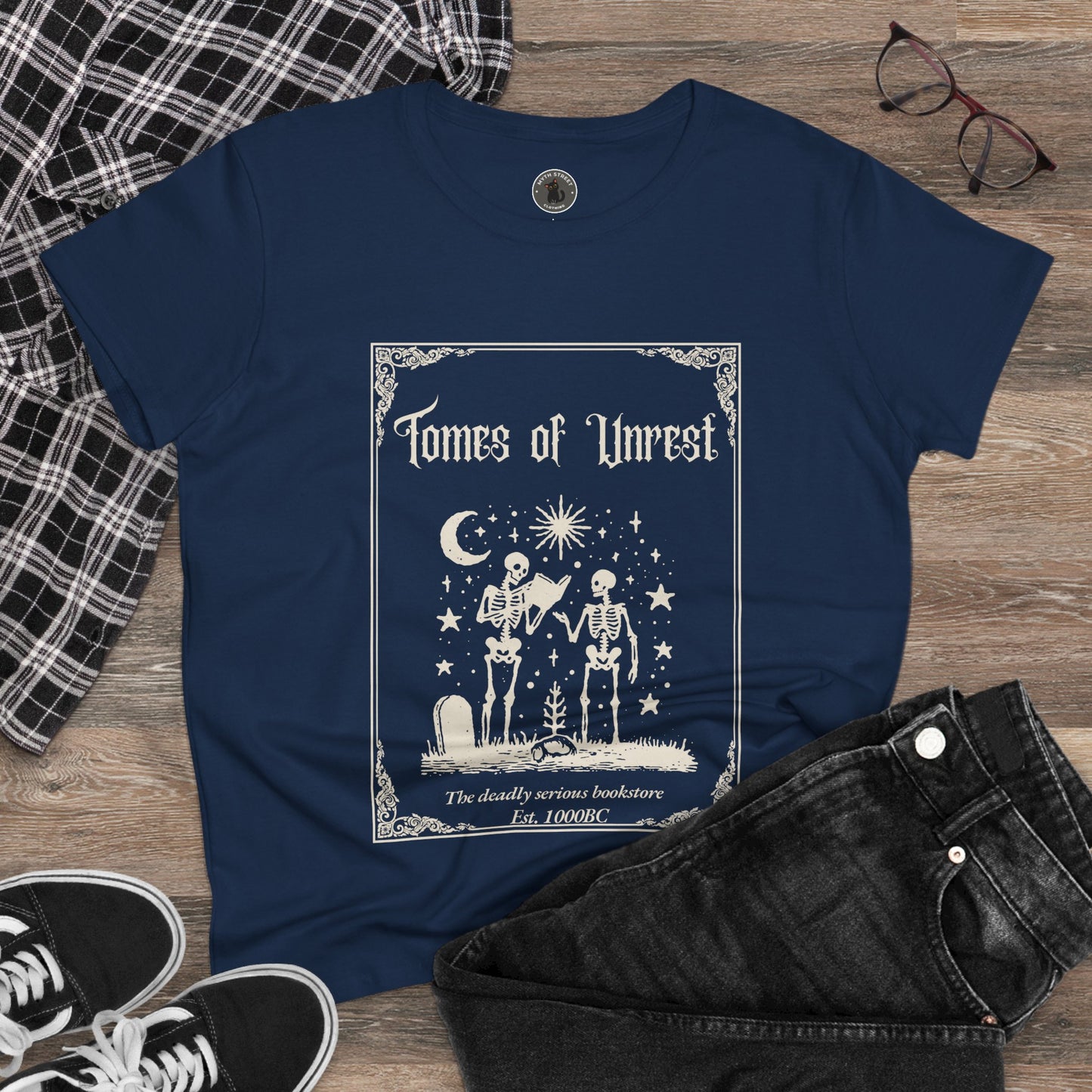 Tomes of Unrest Skeleton Bookstore Women's Tee