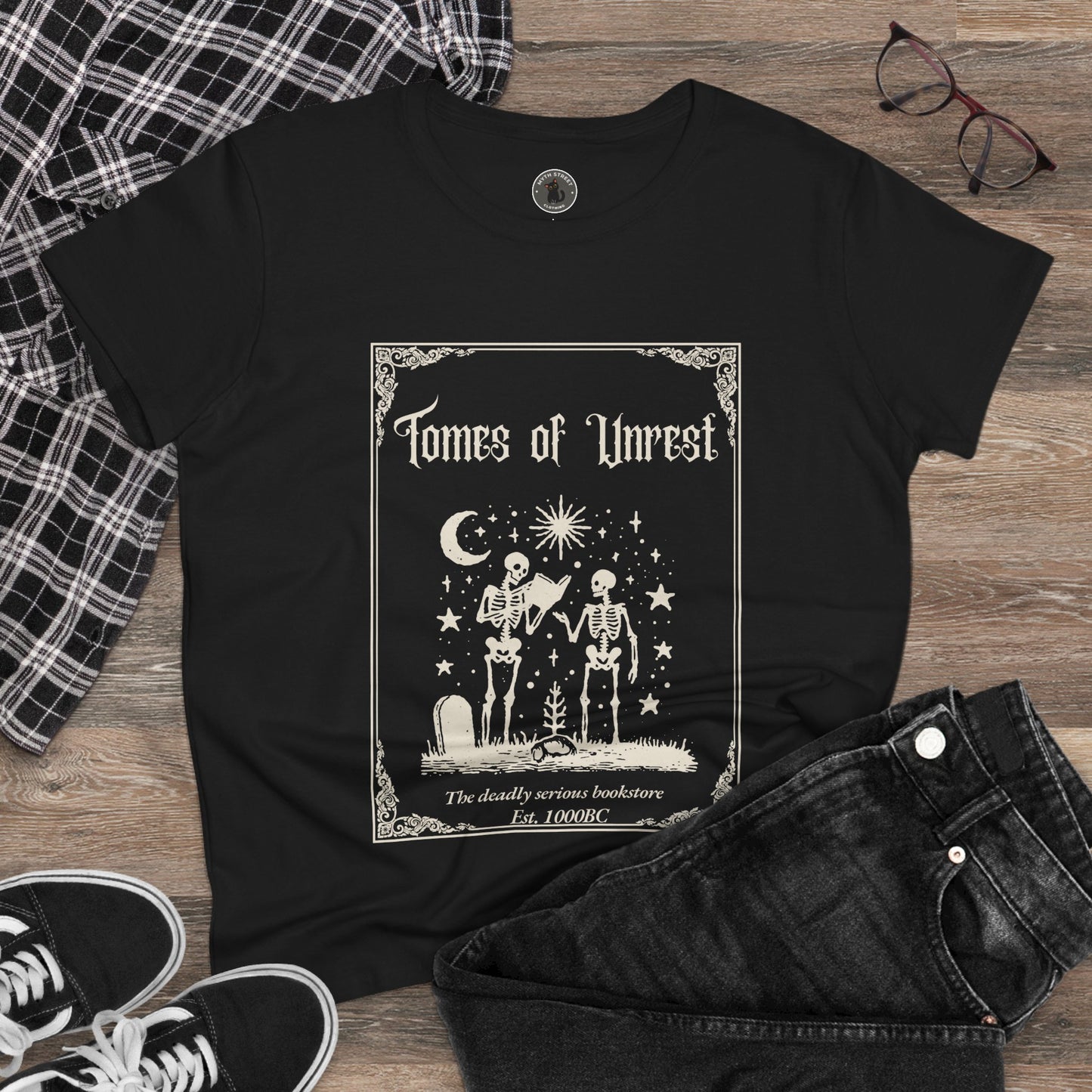 Tomes of Unrest Skeleton Bookstore Women's Tee