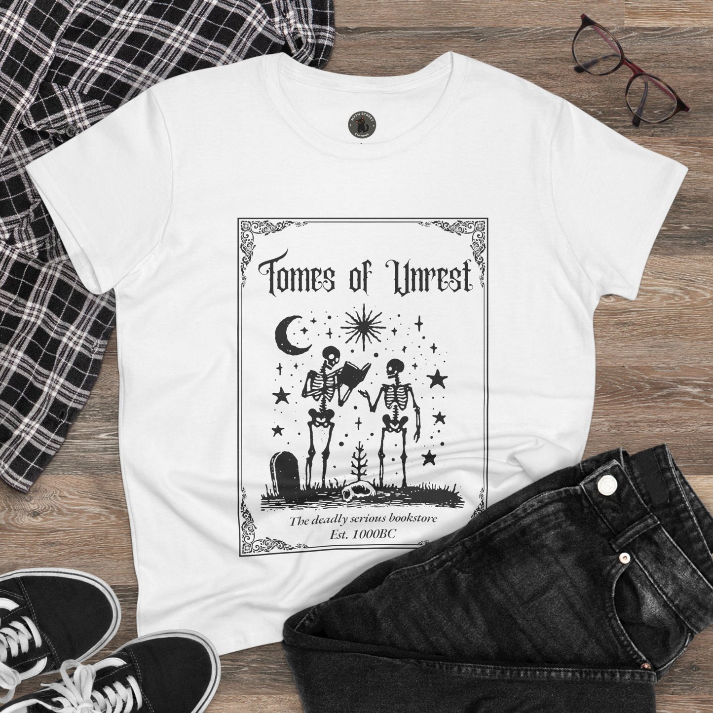 Tomes of Unrest Skeleton Bookstore Women's Tee